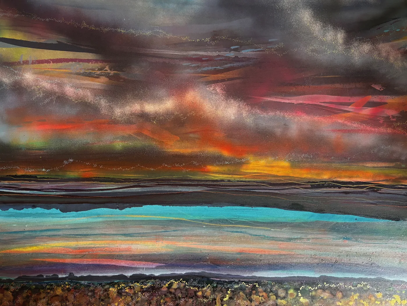An abstract seascape in mixed media: a dark, smoky sky streaked with red and orange over a band of turquoise water and a speckled gold foreshore