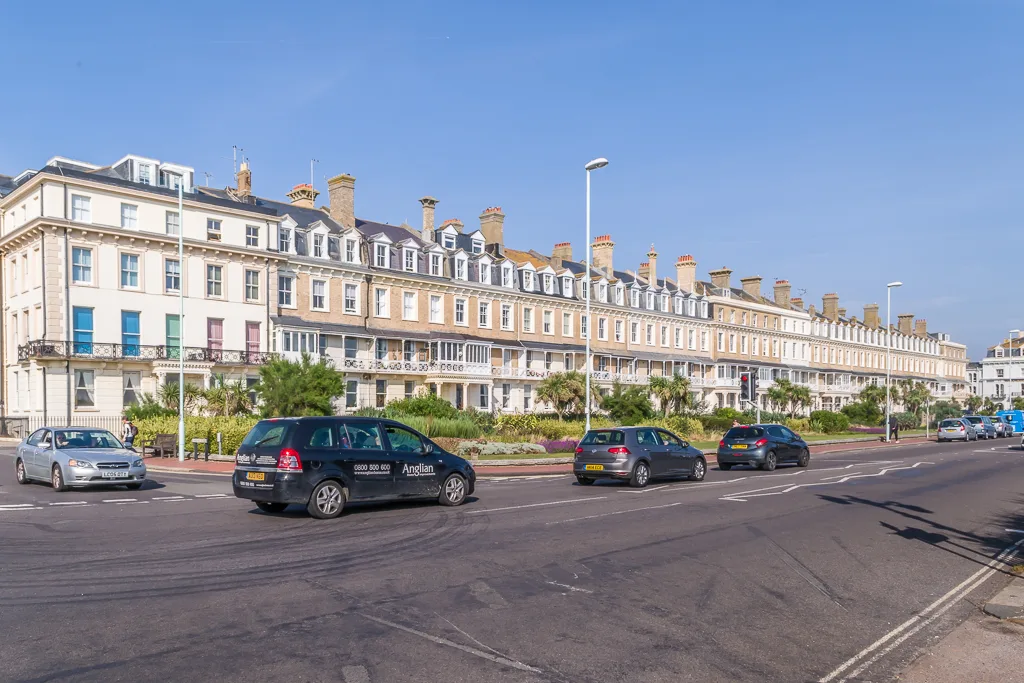 Heene Terrace on Worthing seafront. Flats, which make up much of the town's housing, fell furthest in the year to August.